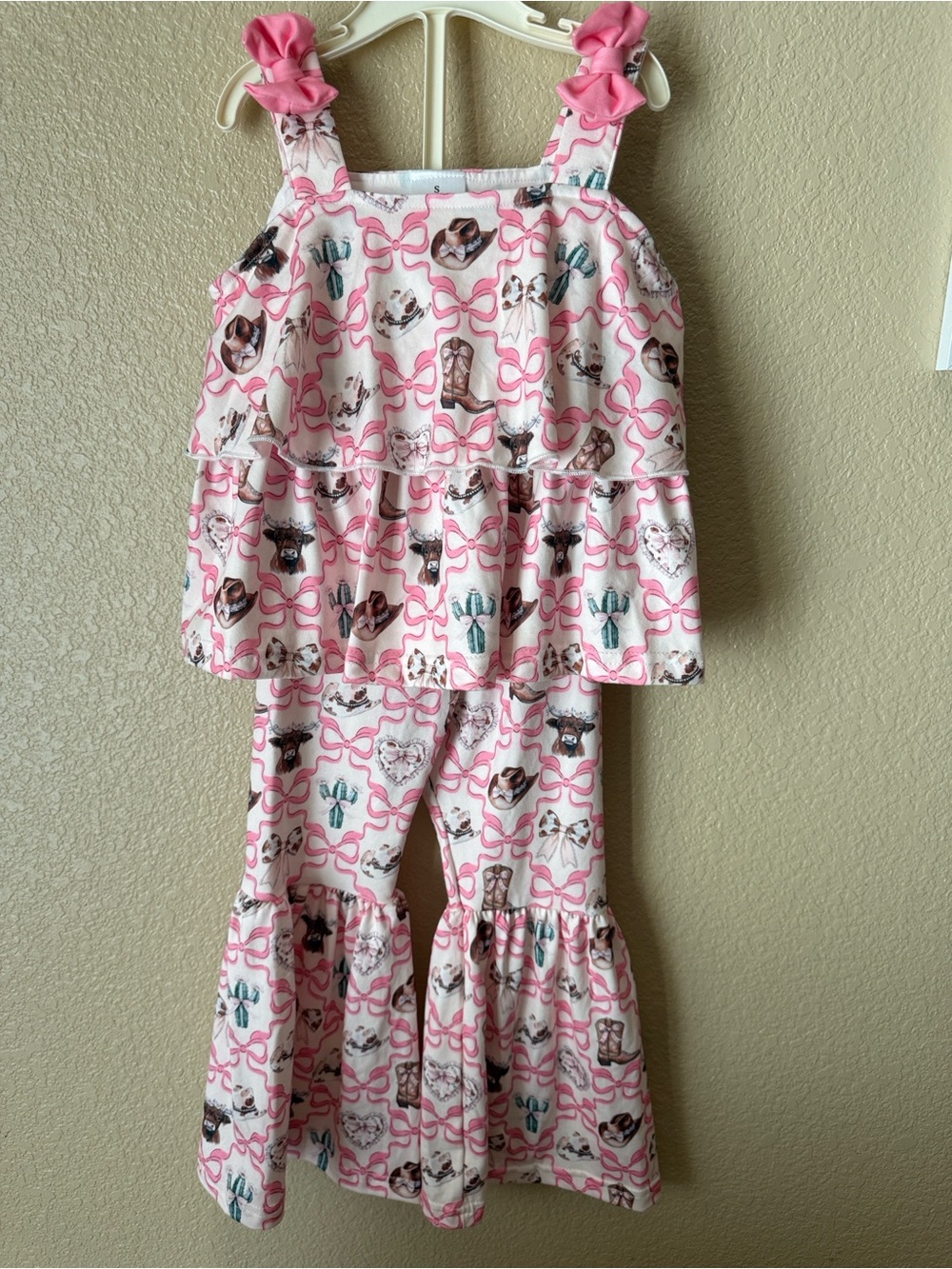 Pink Western Print Ruffle Pajama Set for Girls